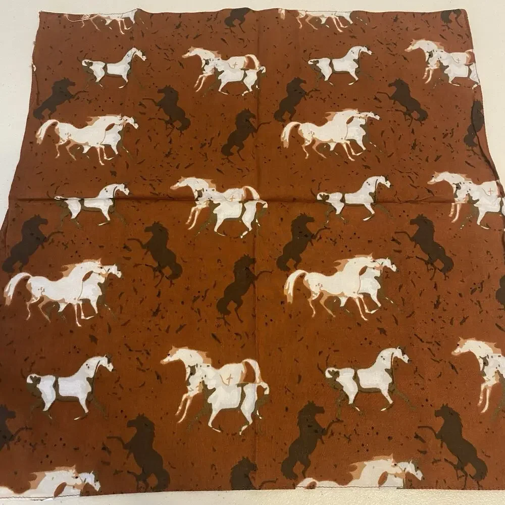 Setof3 Retro VTG Fabric Napkins Brown White Horses Cloth 20” FarmhouseCore